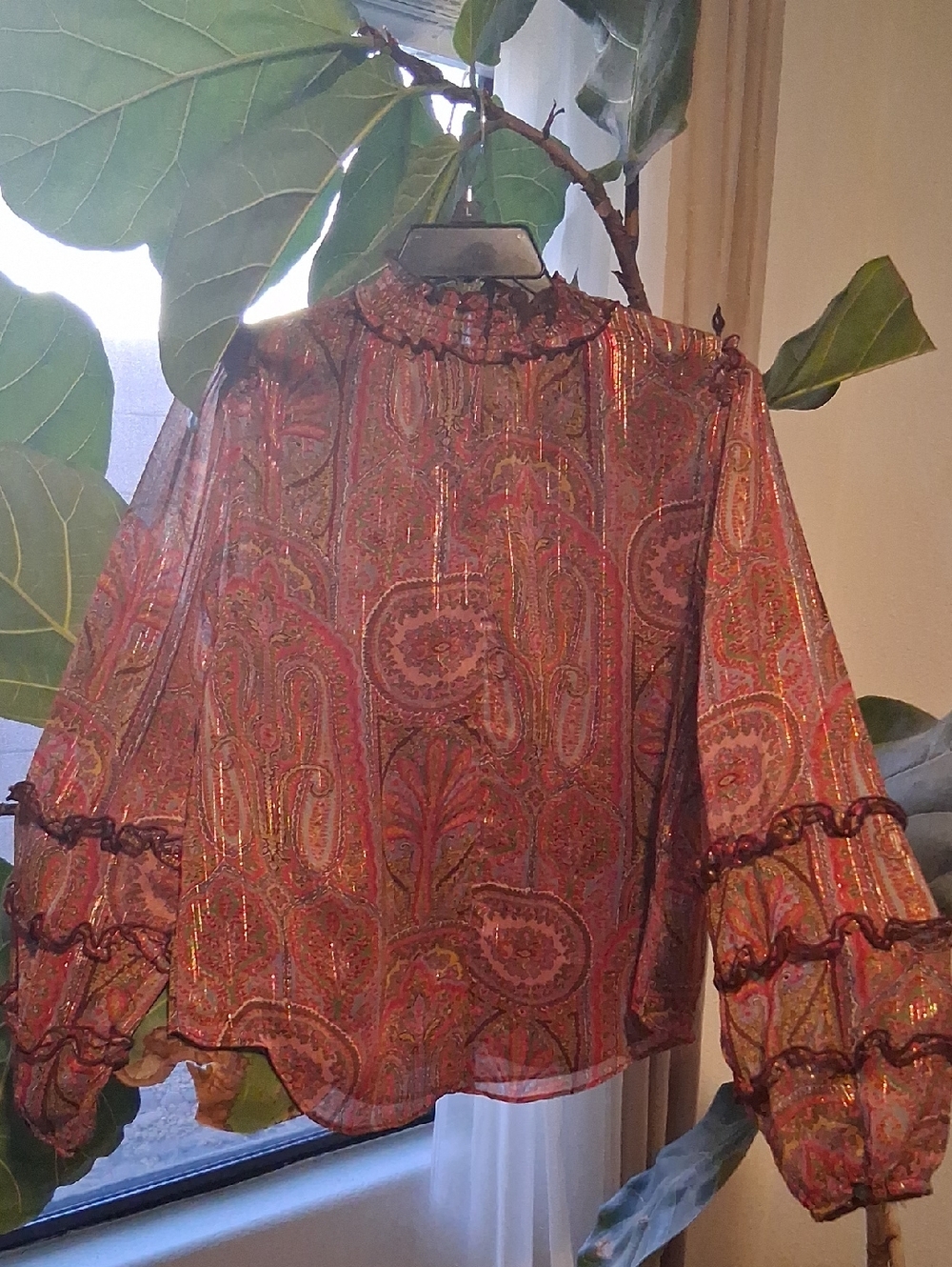 Ann Taylor Metallic Paisley Ruffle-Neck Sheer Blouse - Pink Multi